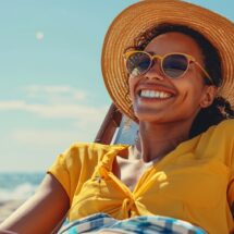 Young woman wearing a straw hat and sunglasses is smiling while relaxing on a beach chair by the sea